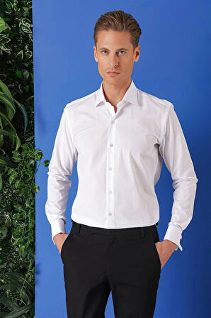 Gk 682 Slim Fit Duble Manşet %100 Pamuk Klasik Beyaz Gömlek