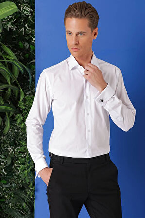Gk 682 Slim Fit Duble Manşet %100 Pamuk Klasik Beyaz Gömlek