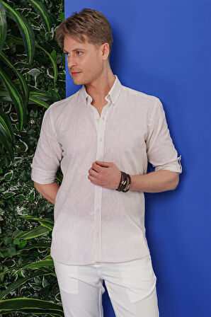 G 1554 Slim Fit Bej Klasik Gömlek