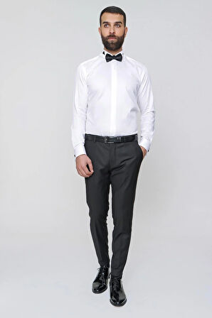 P 1091 Slim Fit Pilesiz Yan Cepli Esnek Yün Siyah Kumaş Pantolon