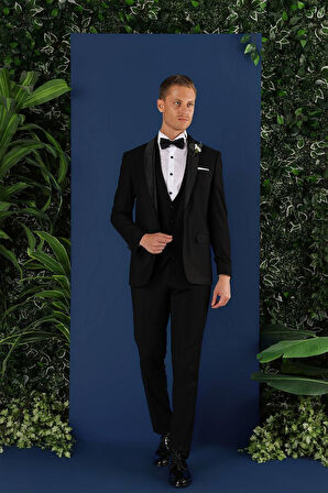 Black 069 Slim Fit Yelekli Çıkma Saten Yaka Çift Yırtmaçlı Siyah Damatlık Smokin Takım