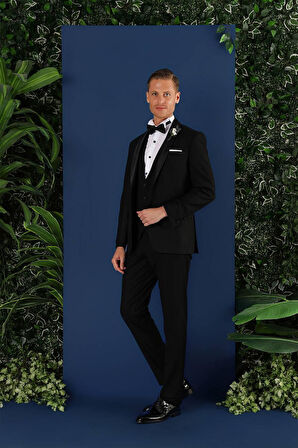 Black 069 Slim Fit Yelekli Çıkma Saten Yaka Çift Yırtmaçlı Siyah Damatlık Smokin Takım