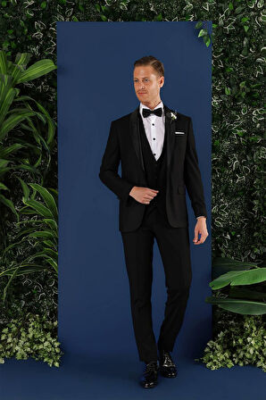 Black 069 Slim Fit Yelekli Çıkma Saten Yaka Çift Yırtmaçlı Siyah Damatlık Smokin Takım