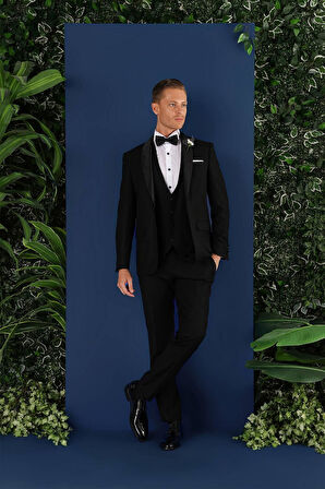 Black 069 Slim Fit Yelekli Çıkma Saten Yaka Çift Yırtmaçlı Siyah Damatlık Smokin Takım