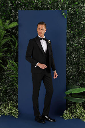 Black 070 Slim Fit Yelekli Çıkma Saten Yaka Siyah Damatlık Smokin Takım