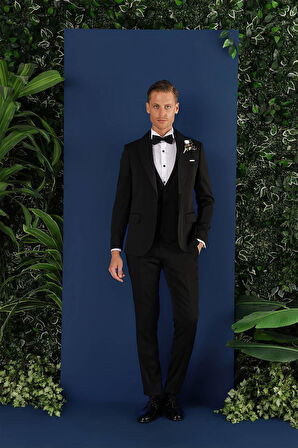 Black 070 Slim Fit Yelekli Çıkma Saten Yaka Siyah Damatlık Smokin Takım