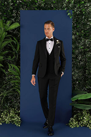 Black 070 Slim Fit Yelekli Çıkma Saten Yaka Siyah Damatlık Smokin Takım