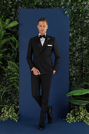 Black 071Slim Fit Çıkarılabilir Saten Yaka Kruvaze Siyah Damatlık Smokin Takım