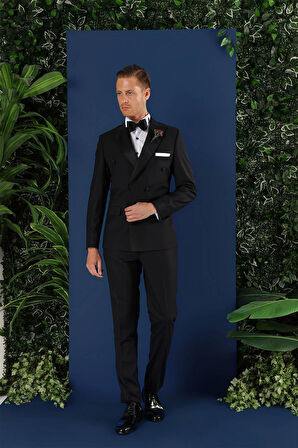 Black 071Slim Fit Çıkarılabilir Saten Yaka Kruvaze Siyah Damatlık Smokin Takım