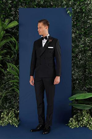 Black 071Slim Fit Çıkarılabilir Saten Yaka Kruvaze Siyah Damatlık Smokin Takım
