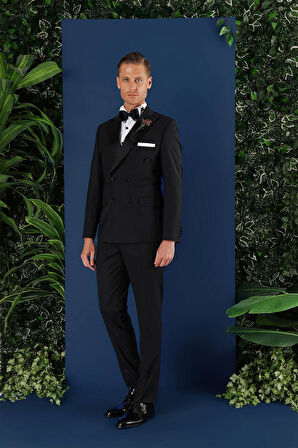 Black 071Slim Fit Çıkarılabilir Saten Yaka Kruvaze Siyah Damatlık Smokin Takım