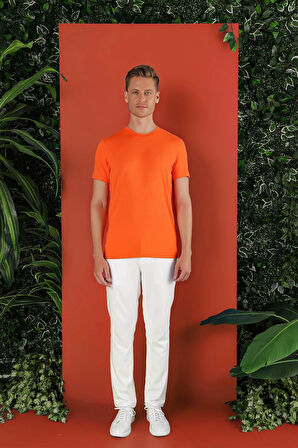 Ts 823 Slim Fit Bisiklet Yaka Düz Pamuklu Oranj Tişört