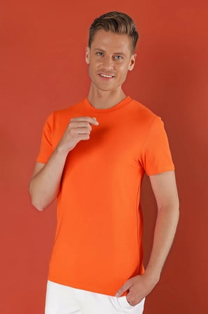 Ts 823 Slim Fit Bisiklet Yaka Düz Pamuklu Oranj Tişört