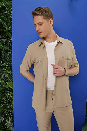 G 1534 Slim Fit Bej Klasik Gömlek