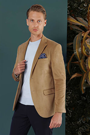 Camel Kadife Slim Fit Çift Yırtmaçlı Mono Yaka Casuel Ceket 