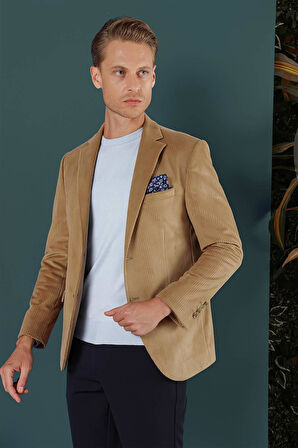 Camel Kadife Slim Fit Çift Yırtmaçlı Mono Yaka Casuel Ceket 