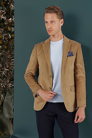 Camel Kadife Slim Fit Çift Yırtmaçlı Mono Yaka Casuel Ceket 