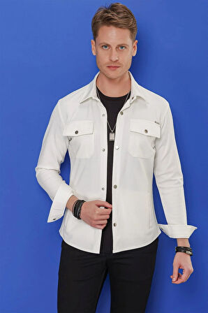 G 1550 Comfort Fit Kapaklı Cep Çıtçıtlı Esnek Pamuk Beyaz Gömlek Ceket
