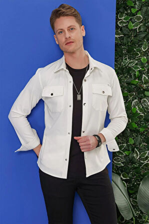 G 1550 Comfort Fit Kapaklı Cep Çıtçıtlı Esnek Pamuk Beyaz Gömlek Ceket