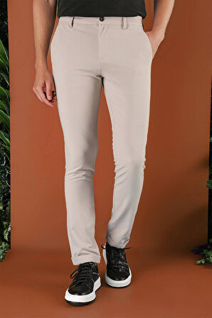 Slim Fit Beli Lastikli Gofre Kumaş Bej Spor Pantolon P 1126
