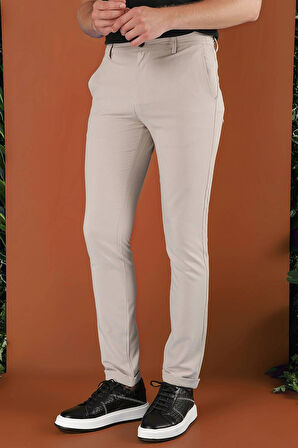 Slim Fit Beli Lastikli Gofre Kumaş Bej Spor Pantolon P 1126