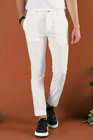 Slim Fit Beli Lastikli Gofre Kumaş Ekru Spor Pantolon P 1126