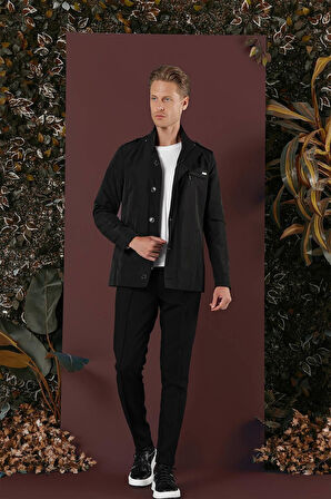 Hakim Yaka Düğme ve Fermuarlı Yan Cepli Mevsimlik Siyah Mont Ka 077