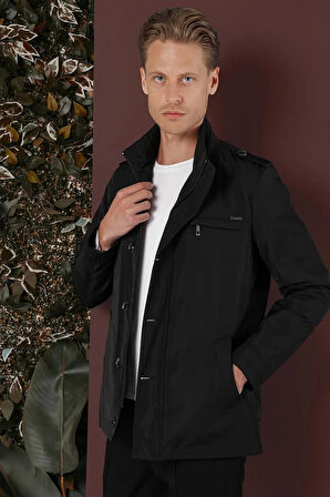 Hakim Yaka Düğme ve Fermuarlı Yan Cepli Mevsimlik Siyah Mont Ka 077