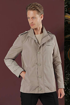 Hakim Yaka Düğme ve Fermuarlı Yan Cepli Mevsimlik Bej Mont Ka 077