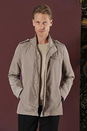 Hakim Yaka Düğme ve Fermuarlı Yan Cepli Mevsimlik Bej Mont Ka 077