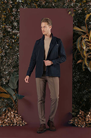 Hakim Yaka Düğme ve Fermuarlı Yan Cepli Mevsimlik Lacivert Mont Ka 077