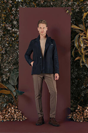 Hakim Yaka Düğme ve Fermuarlı Yan Cepli Mevsimlik Lacivert Mont Ka 077