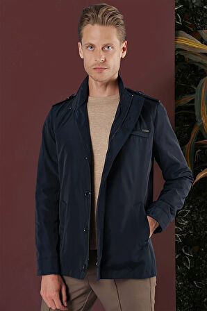 Hakim Yaka Düğme ve Fermuarlı Yan Cepli Mevsimlik Lacivert Mont Ka 077