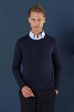 TR 858 Slim Fit Lacivert Klasik Triko