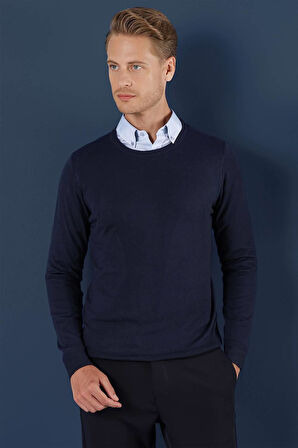 TR 858 Slim Fit Lacivert Klasik Triko