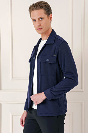 G 1561 Comfort Fit Kapaklı Cep Fitilli Dokuma Esnek Pamuk Lacivert Gömlek Ceket