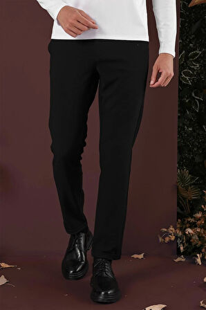 Slim Fit Yan Cepli Dokulu Esnek Casual Siyah Pantolon P 1139