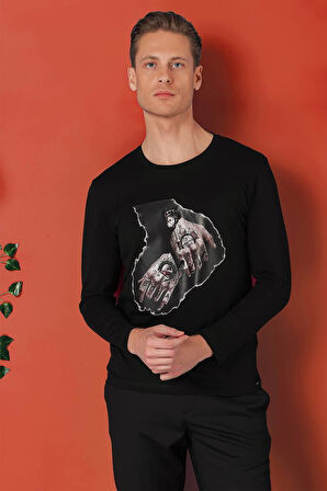 Ts 866 Slim Fit Baskılı Bisiklet Yaka Esnek Pamuk Siyah Tişört