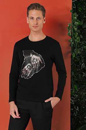 Ts 866 Slim Fit Baskılı Bisiklet Yaka Esnek Pamuk Siyah Tişört