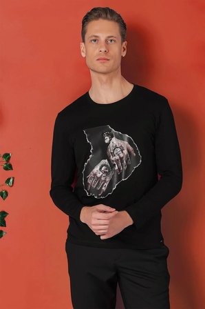 Ts 866 Slim Fit Baskılı Bisiklet Yaka Esnek Pamuk Siyah Tişört
