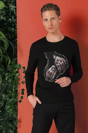 Ts 866 Slim Fit Baskılı Bisiklet Yaka Esnek Pamuk Siyah Tişört