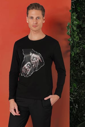 Ts 866 Slim Fit Baskılı Bisiklet Yaka Esnek Pamuk Siyah Tişört