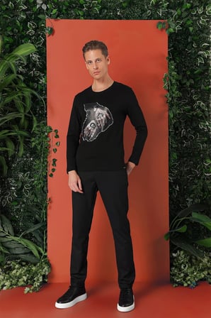 Ts 866 Slim Fit Baskılı Bisiklet Yaka Esnek Pamuk Siyah Tişört