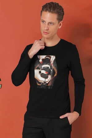 Ts 867 Slim Fit Baskılı Bisiklet Yaka Esnek Pamuk Siyah Tişört