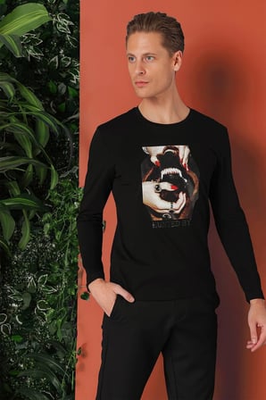 Ts 867 Slim Fit Baskılı Bisiklet Yaka Esnek Pamuk Siyah Tişört