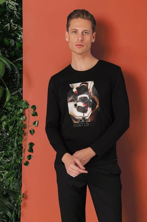 Ts 867 Slim Fit Baskılı Bisiklet Yaka Esnek Pamuk Siyah Tişört