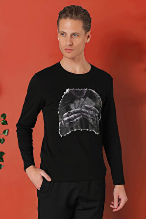 Ts 868 Slim Fit Baskılı Bisiklet Yaka Esnek Pamuk Siyah Tişört