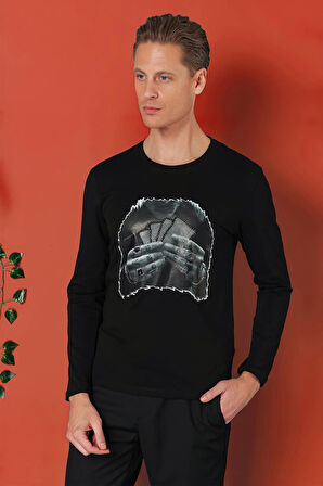 Ts 868 Slim Fit Baskılı Bisiklet Yaka Esnek Pamuk Siyah Tişört