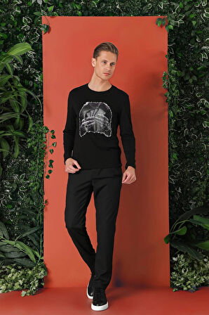 Ts 868 Slim Fit Baskılı Bisiklet Yaka Esnek Pamuk Siyah Tişört