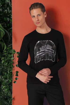 Ts 868 Slim Fit Baskılı Bisiklet Yaka Esnek Pamuk Siyah Tişört